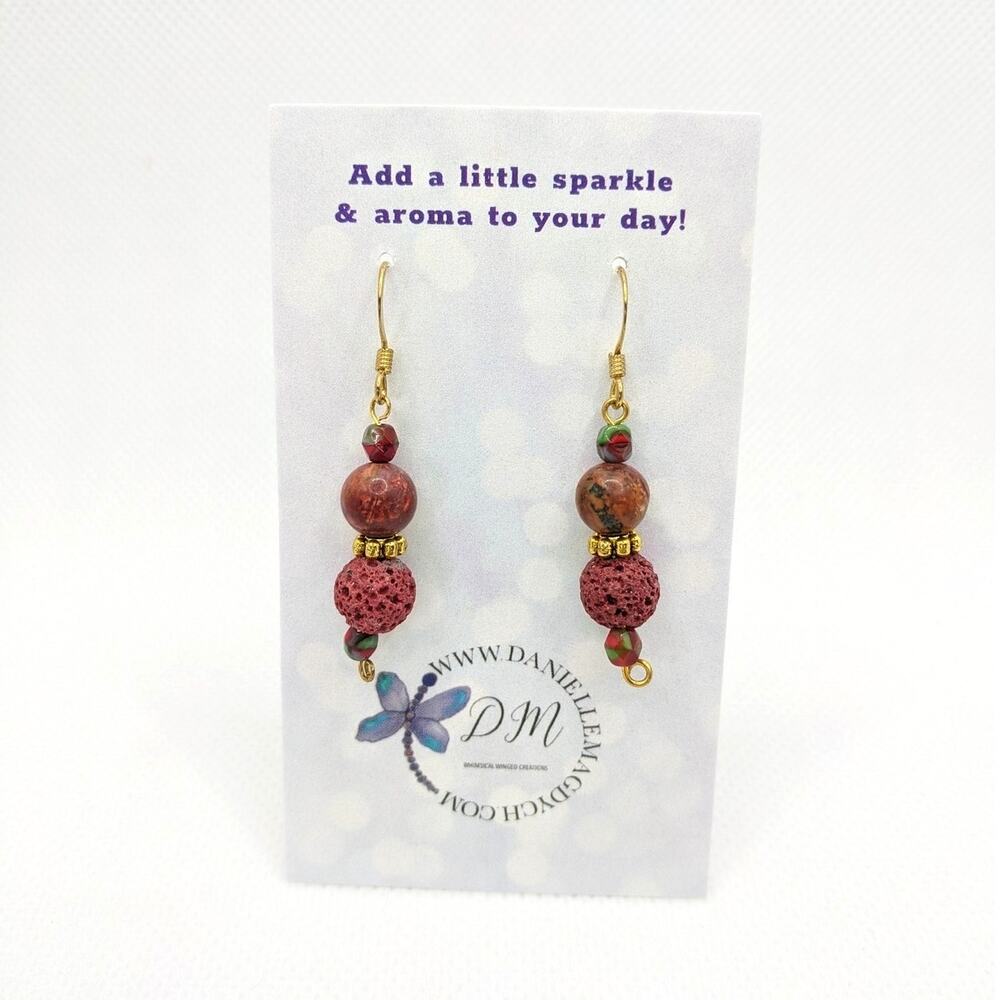 Essential Oil Diffuser Earrings Red Lava Rock Jasper Beads Boho Gold Tone Drop